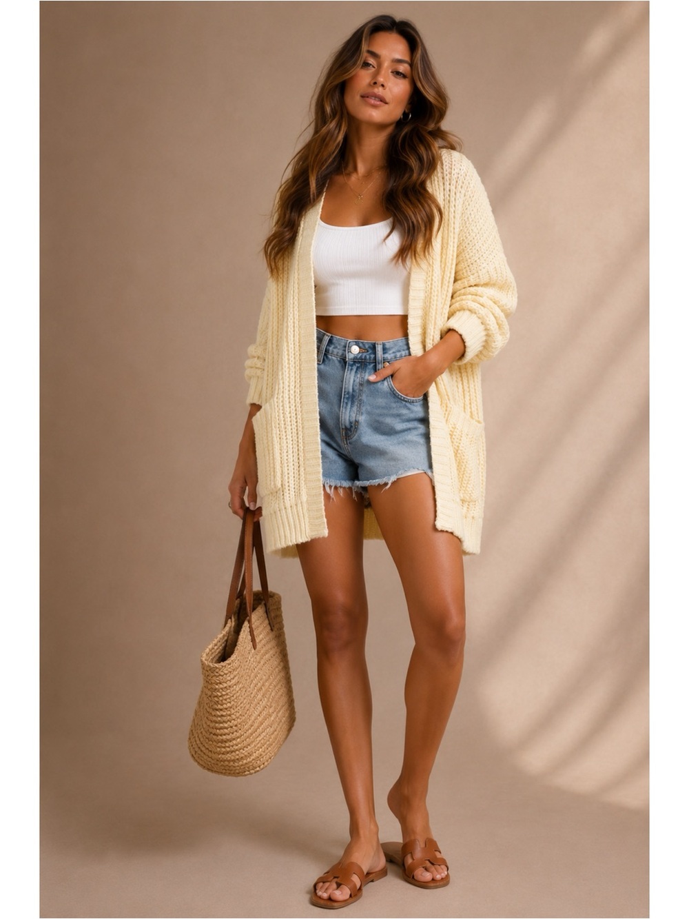 NWT Open-Front Oversized Knit Cardigan Sweater - Pale Yellow